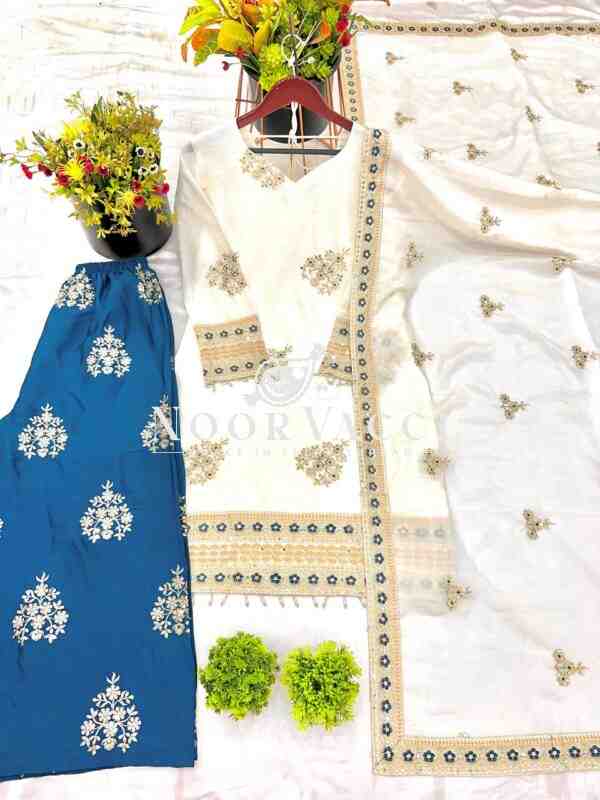 Designer Chinnon Silk Embroidered Top-Bottom & Dupatta Set - Image 4