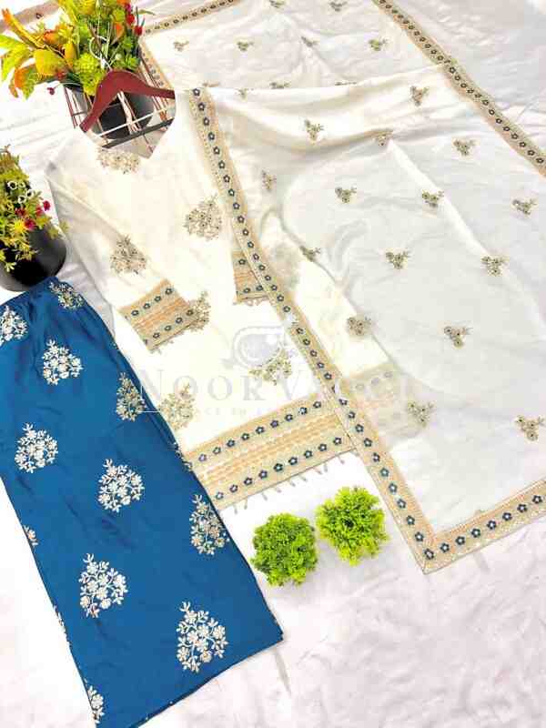 Designer Chinnon Silk Embroidered Top-Bottom & Dupatta Set - Image 5