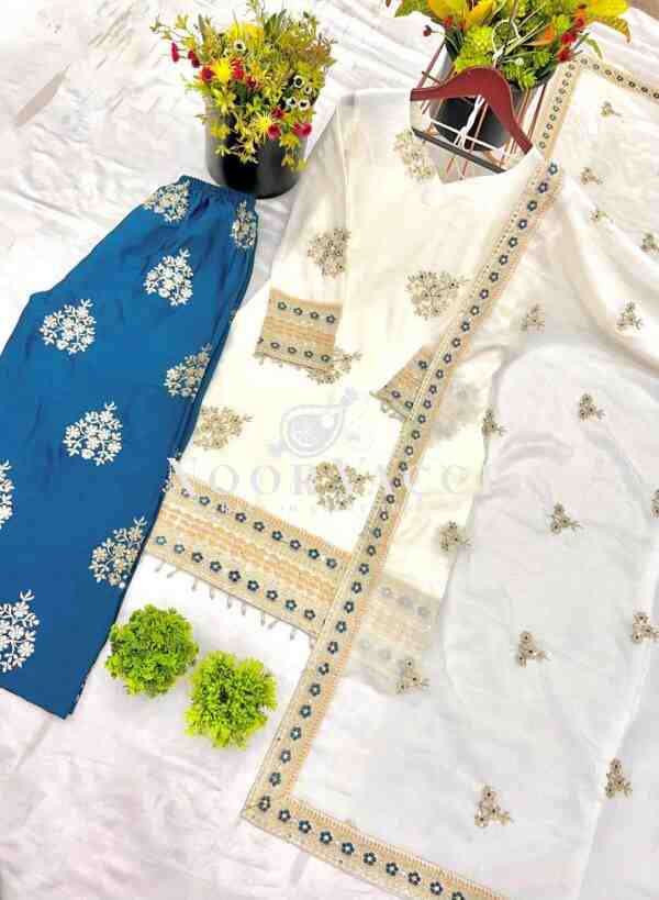 Designer Chinnon Silk Embroidered Top-Bottom & Dupatta Set - Image 3
