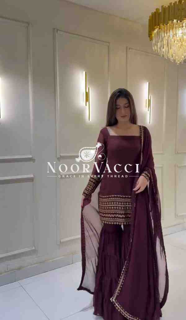 Georgette Embroidered Sharara Set with Full Sleeve Top - Image 4