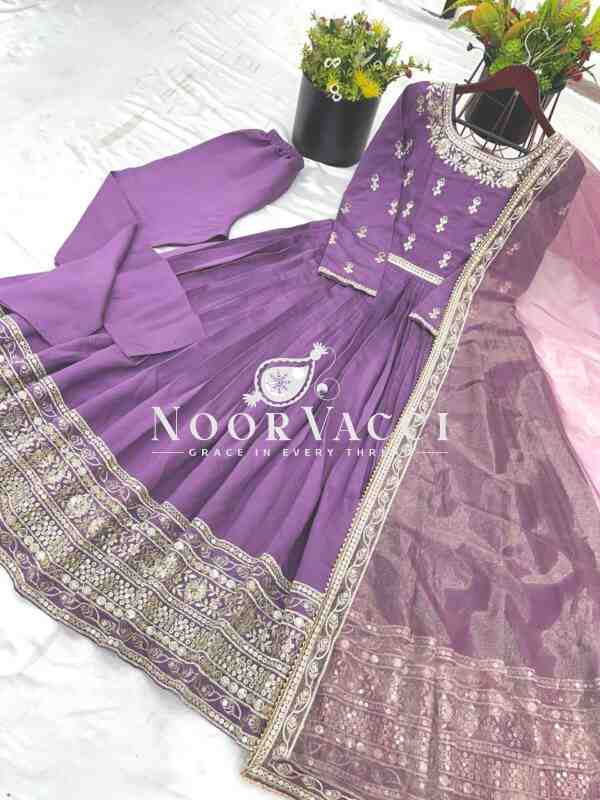 Roman Silk Embroidered Gown with Dupatta - Image 5