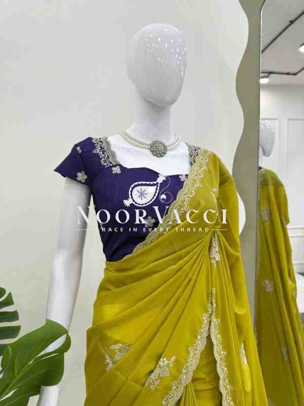 Designer Tesla Chiffon Saree with Thread Work and Benglori Silk Blouse - Image 2