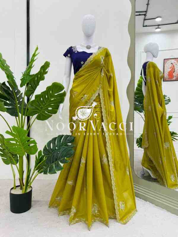 Designer Tesla Chiffon Saree with Thread Work and Benglori Silk Blouse