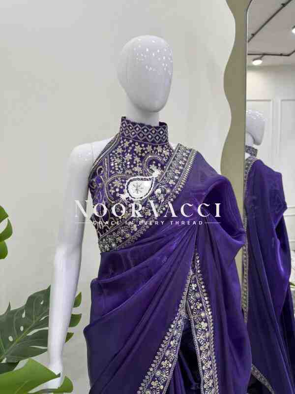 Designer Jimmy Chu Saree with Thread & Sequence Work and Matching Blouse - Image 7