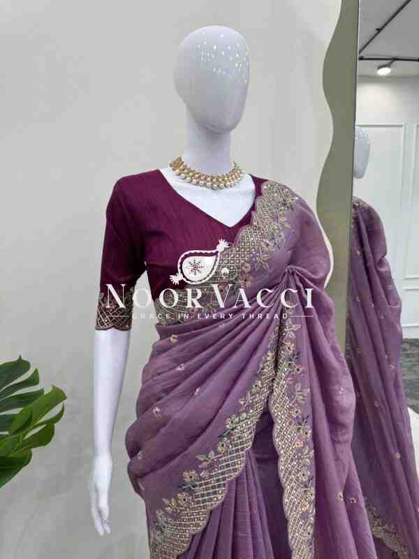 Designer Crunchy Silk Saree with Thread & Sequence Work and Mono Benglori Silk Blouse - Image 3