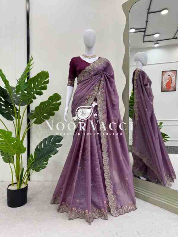 Designer Crunchy Silk Saree with Thread & Sequence Work and Mono Benglori Silk Blouse - Image 2