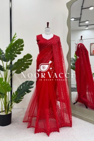 Shop Soft Net Designer Saree with All-Over Sequence Work | Matching Unstitched Blouse