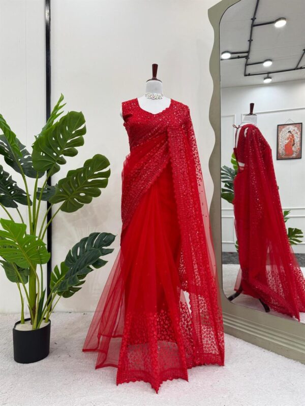 Shop Soft Net Designer Saree with All-Over Sequence Work | Matching Unstitched Blouse