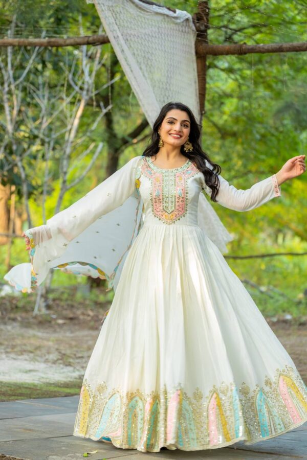 Buy Heavy Chinon Silk Designer Party Wear Gown with Embroidered Dupatta - Image 4