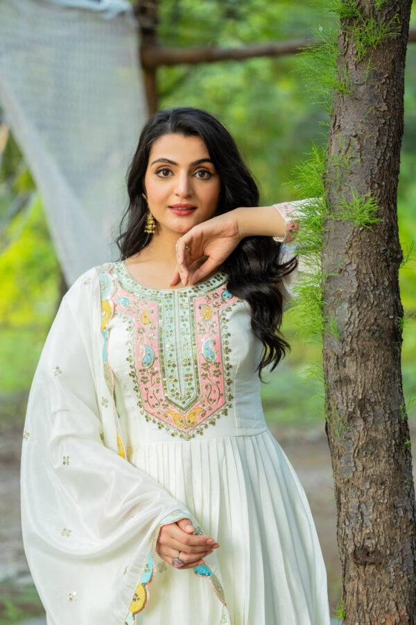 Buy Heavy Chinon Silk Designer Party Wear Gown with Embroidered Dupatta - Image 6