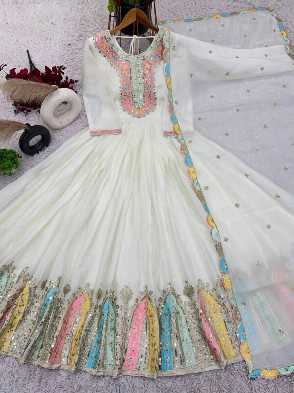 Buy Heavy Chinon Silk Designer Party Wear Gown with Embroidered Dupatta - Image 9