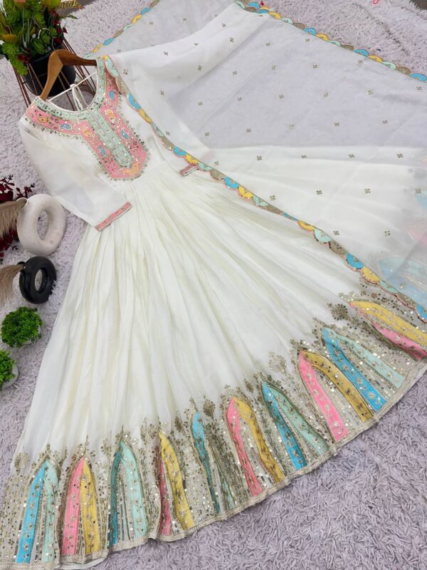 Buy Heavy Chinon Silk Designer Party Wear Gown with Embroidered Dupatta - Image 8