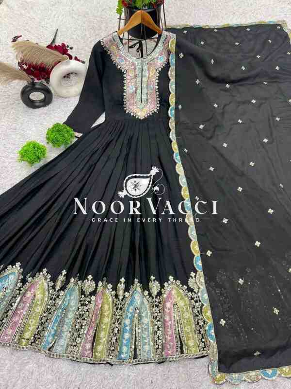Heavy Chinon Silk Designer Party Wear Gown with Embroidered Dupatta - Image 8