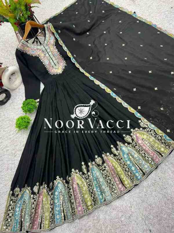 Heavy Chinon Silk Designer Party Wear Gown with Embroidered Dupatta - Image 7