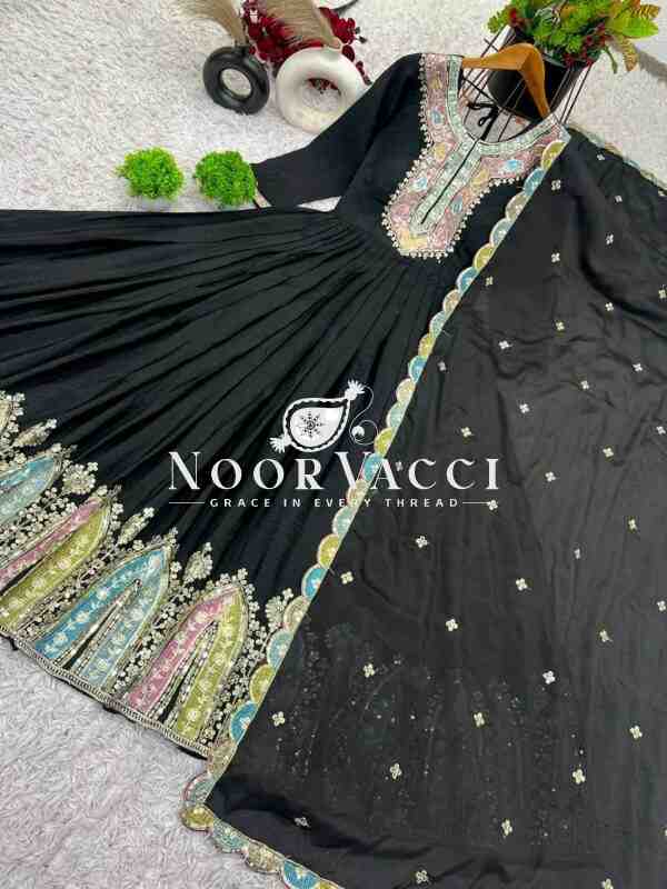 Heavy Chinon Silk Designer Party Wear Gown with Embroidered Dupatta - Image 6