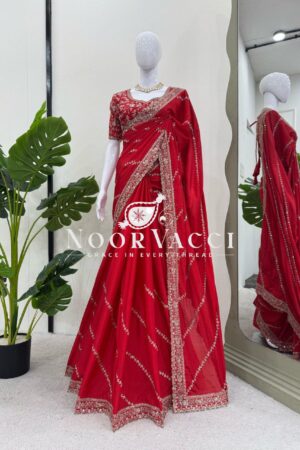 Shop Designer Chinon Silk Saree with Thread & Sequence Work and Matching Blouse