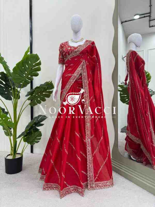 Designer Chinon Silk Saree with Thread & Sequence Work and Matching Blouse