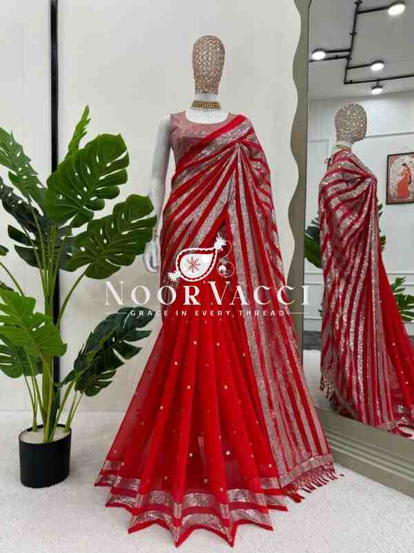 Designer Faux Georgette Saree with Thread & Sequence Work and Matching Blouse