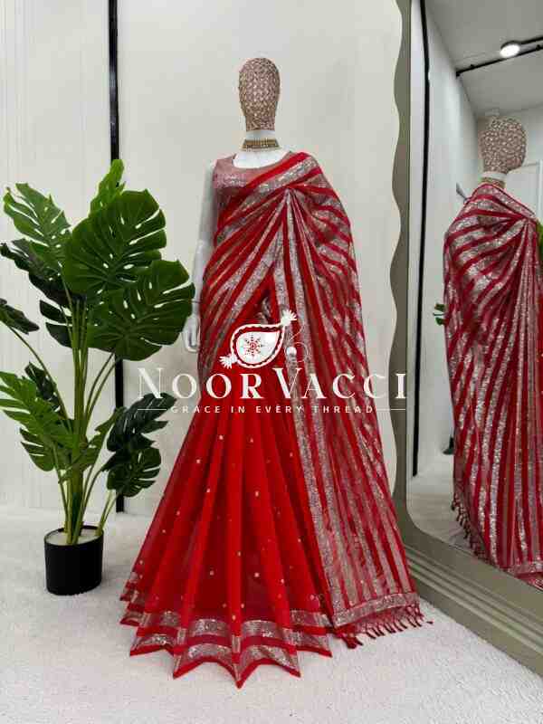 Designer Chinon Silk Saree with Thread & Sequence Work and Matching Blouse - Image 2