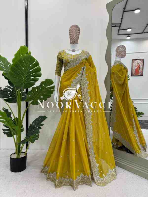 Designer Tibby Silk Saree with Thread & Sequence Work and Mono Benglori Blouse