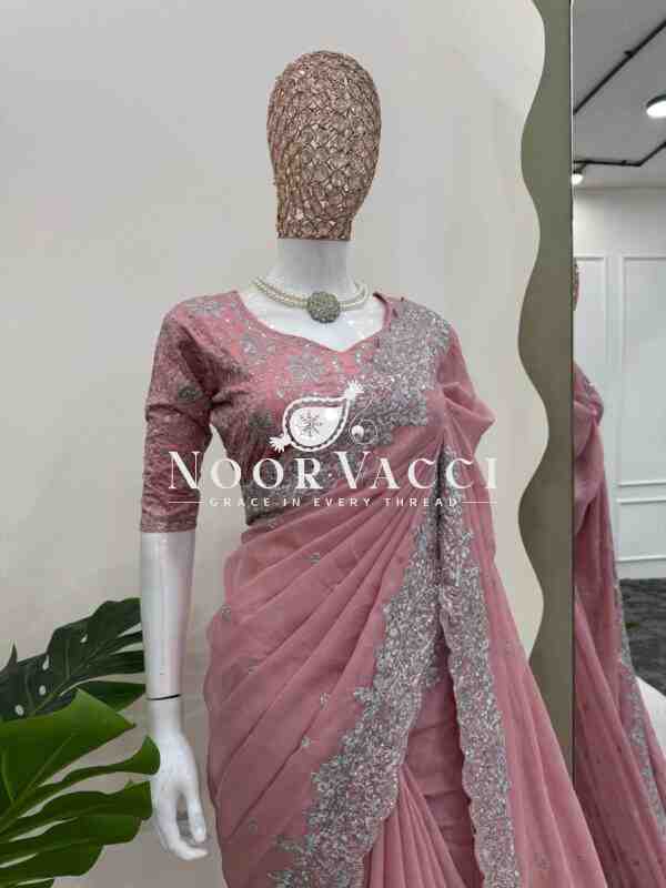 Designer Tibby Silk Saree with Thread & Sequence Work and Mono Benglori Blouse - Image 2