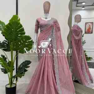 Designer Tibby Silk Saree with Thread & Sequence Work and Mono Benglori Blouse