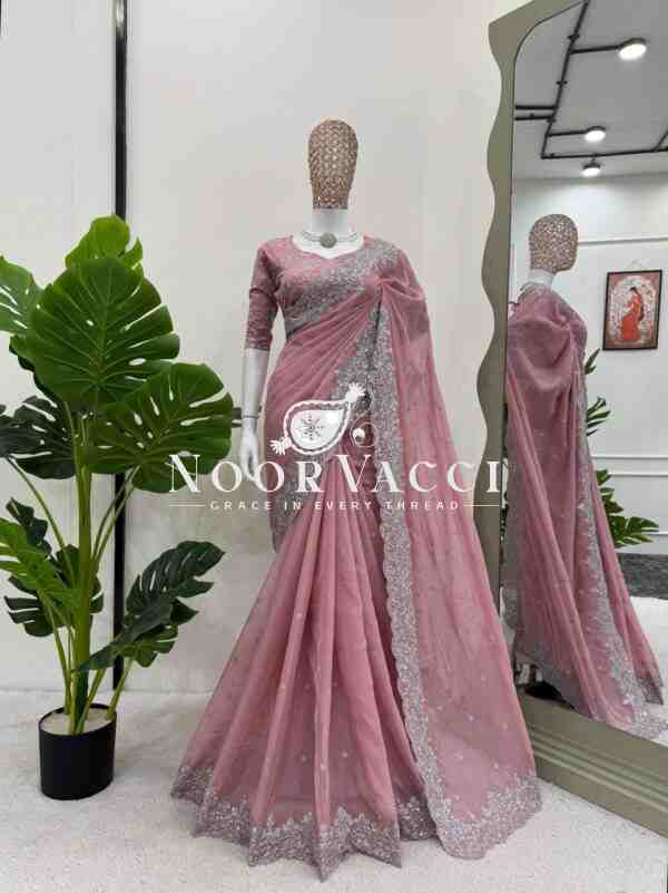 Designer Tibby Silk Saree with Thread & Sequence Work and Mono Benglori Blouse