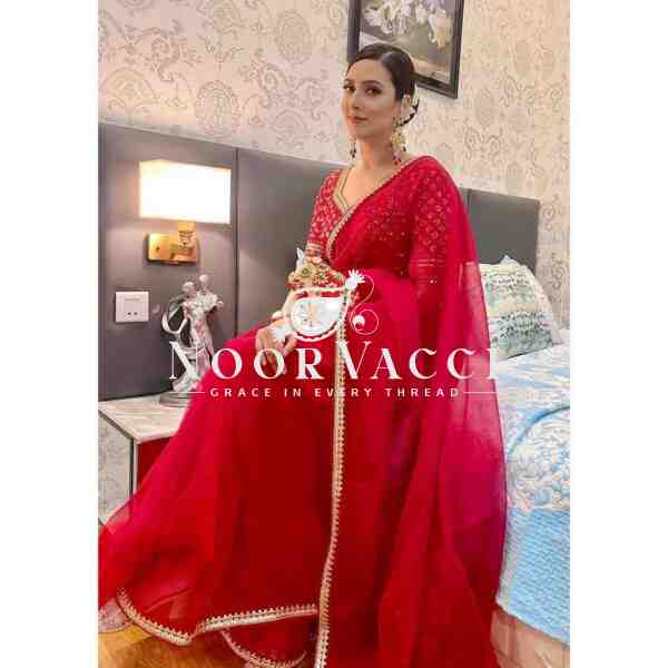 Heavy Organza Silk Designer Saree with Thread & Sequence Work | Unstitched Blouse - Image 3