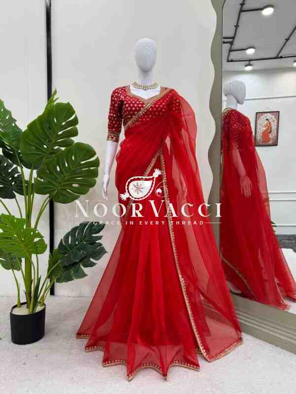 Heavy Organza Silk Designer Saree with Thread & Sequence Work | Unstitched Blouse - Image 4