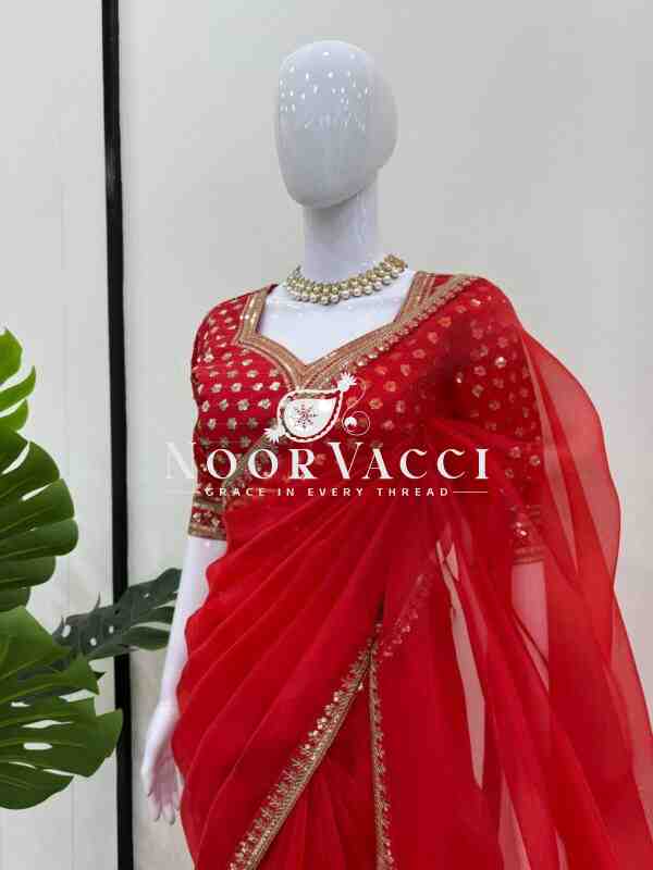 Heavy Organza Silk Designer Saree with Thread & Sequence Work | Unstitched Blouse - Image 6