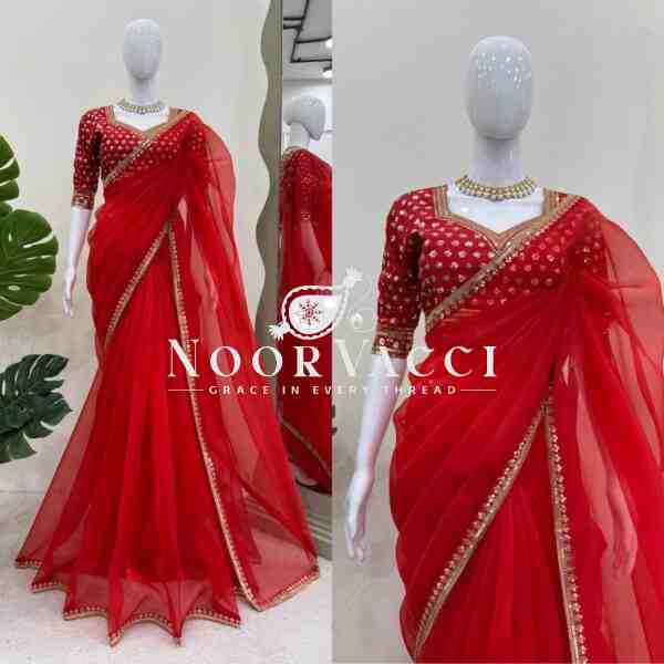 Heavy Organza Silk Designer Saree with Thread & Sequence Work | Unstitched Blouse - Image 5
