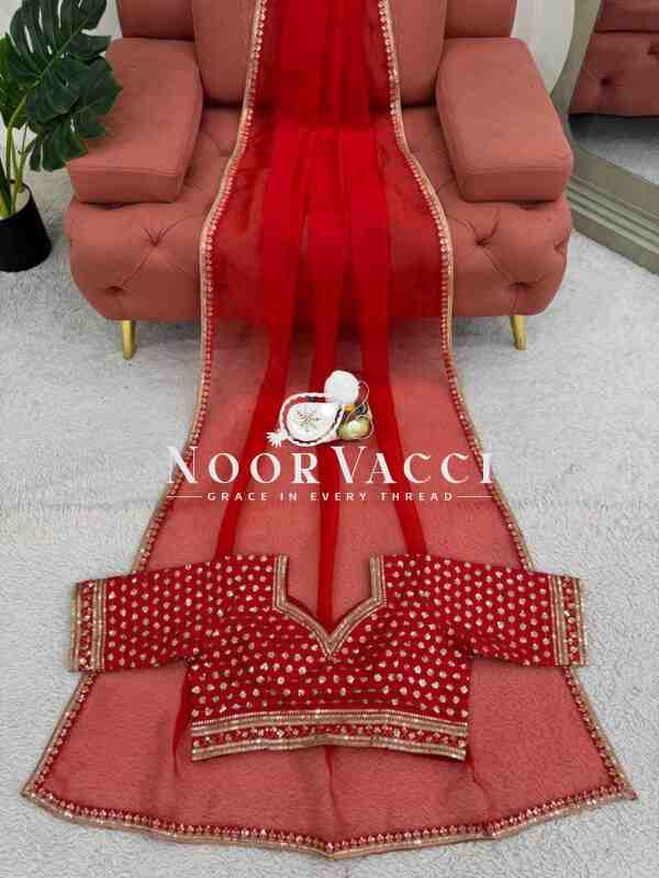 Heavy Organza Silk Designer Saree with Thread & Sequence Work | Unstitched Blouse - Image 9