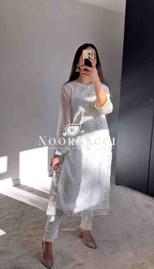 Heavy Georgette Top-Sharara Set with Embroidery & Rivet Moti Work - Image 3