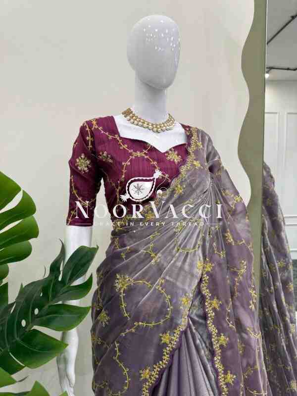 Designer Zimmy Chu Saree with Thread & Sequence Work and Mono Benglori Blouse - Image 2