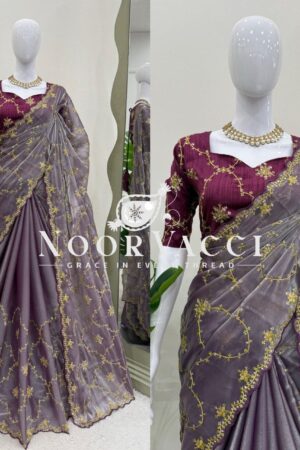 Shop Designer Zimmy Chu Saree with Thread & Sequence Work and Mono Benglori Blouse