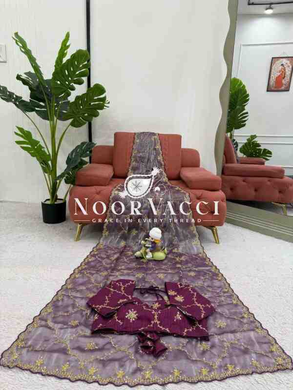 Designer Zimmy Chu Saree with Thread & Sequence Work and Mono Benglori Blouse - Image 4