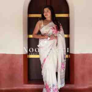 Faux Georgette Designer Saree with Digital Print & Fancy Lace | Unstitched Mono Benglori Blouse