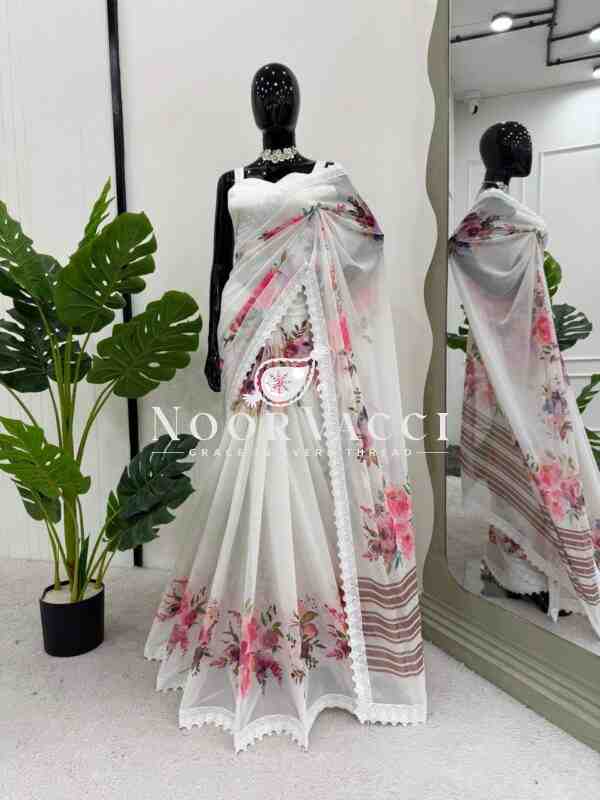 Faux Georgette Designer Saree with Digital Print & Fancy Lace | Unstitched Mono Benglori Blouse - Image 6