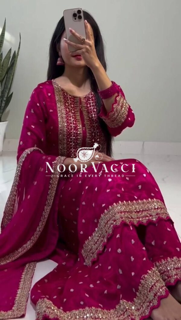 Buy Designer Party Wear Heavy Chinon Silk Top-Dupatta with Fully Stitched Sharara - Image 2