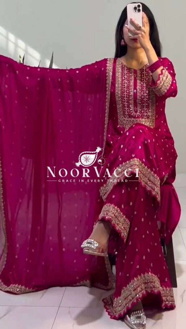 Buy Designer Party Wear Heavy Chinon Silk Top-Dupatta with Fully Stitched Sharara - Image 3