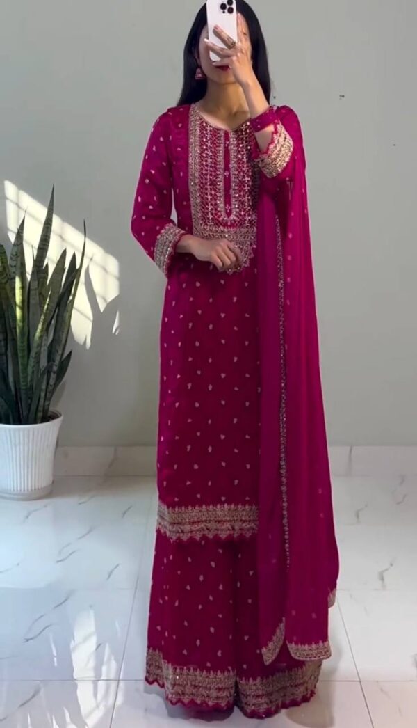 Buy Designer Party Wear Heavy Chinon Silk Top-Dupatta with Fully Stitched Sharara - Image 4