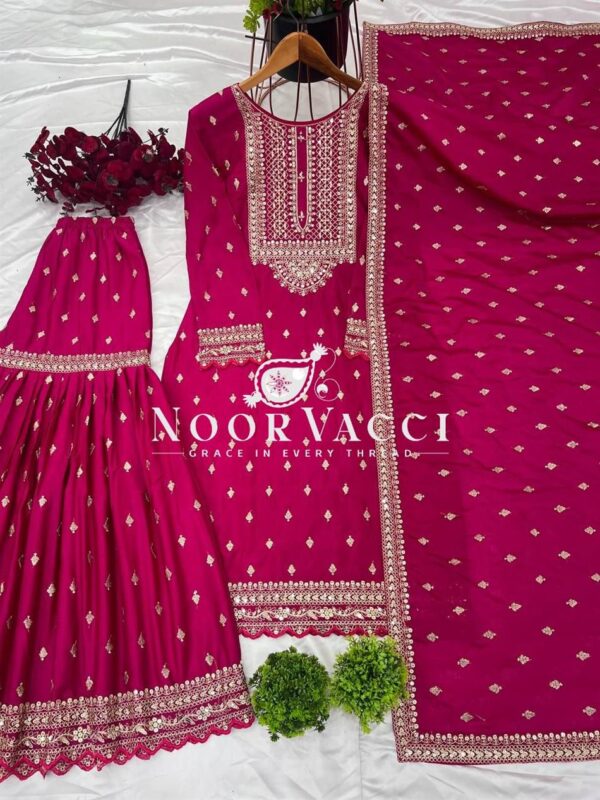 Buy Designer Party Wear Heavy Chinon Silk Top-Dupatta with Fully Stitched Sharara - Image 5
