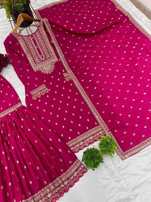 Buy Designer Party Wear Heavy Chinon Silk Top-Dupatta with Fully Stitched Sharara - Image 6