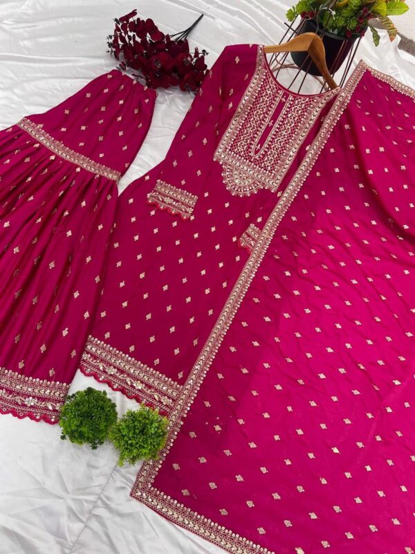 Buy Designer Party Wear Heavy Chinon Silk Top-Dupatta with Fully Stitched Sharara - Image 7