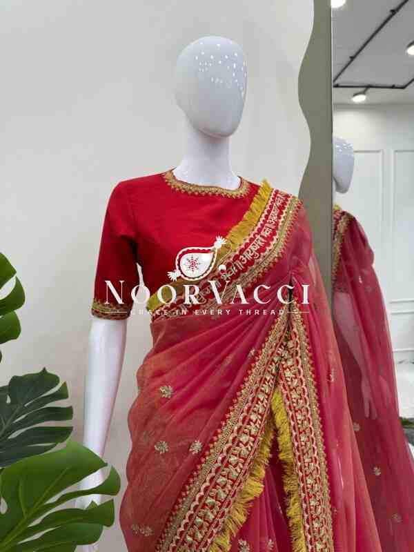 Twil Net Saree with Coding, Thread & Sequence Work and Mono Benglori Blouse - Image 4