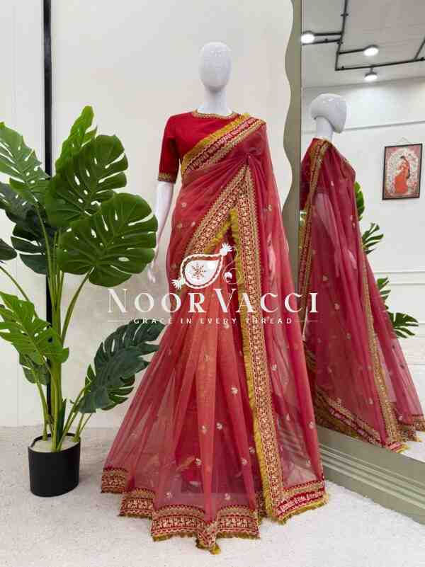 Twil Net Saree with Coding, Thread & Sequence Work and Mono Benglori Blouse - Image 5