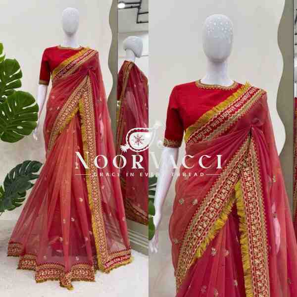 Twil Net Saree with Coding, Thread & Sequence Work and Mono Benglori Blouse - Image 3