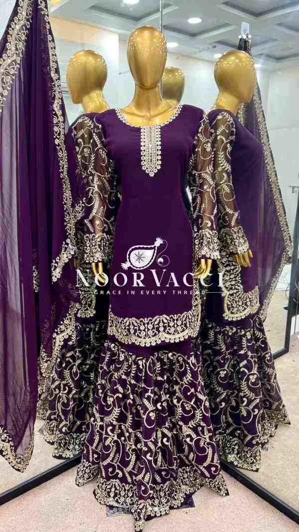 Heavy Embroidery Sequence Work Top-Gharara & Dupatta Set Fully Stitched Ready to Wear - Image 5