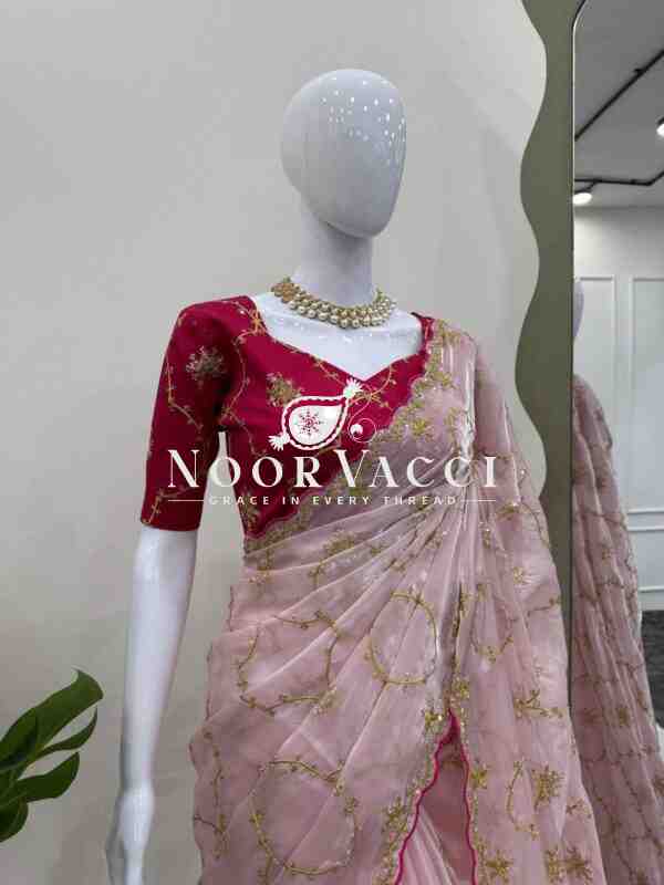 Heavy Zimmy Chu Designer Saree with Thread and Sequence Work and Unstitched Mono Benglori Silk Blouse - Image 2