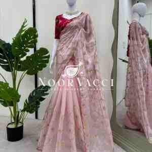 Heavy Zimmy Chu Designer Saree with Thread and Sequence Work and Unstitched Mono Benglori Silk Blouse